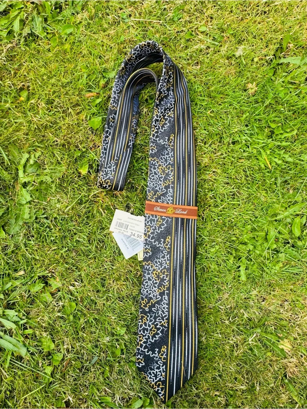 Steven land Black, Gold & White Floral-Striped Silk Tie